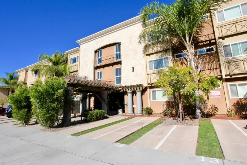 The front entrance of the Hill Crest Towers apartment homes with palm trees, shady front entrance, and private drive ways.