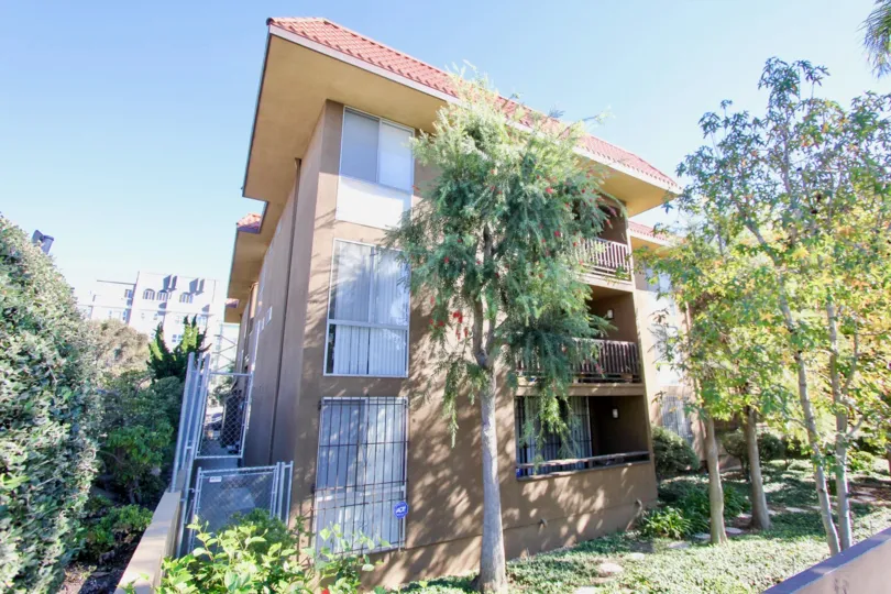 a three story house with many trees all around and white blinds and light paint