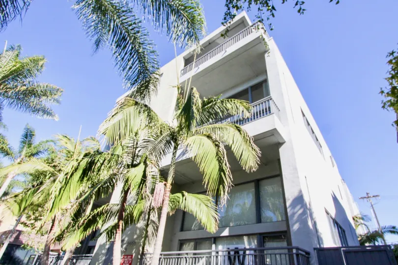 Montana Lofts white three-story building with landscaping Hillcrest California