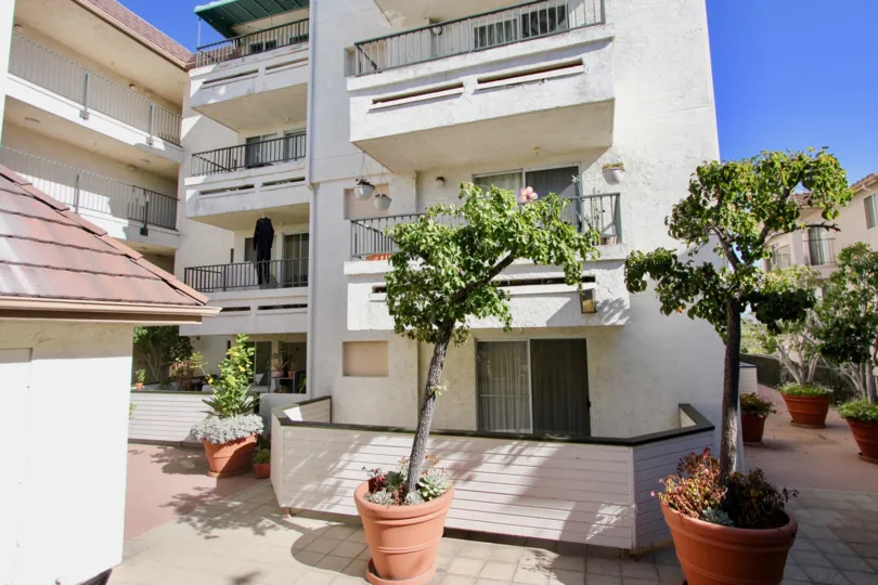A sunny day in the area of Pacific ridge, outside, trees, condos, balcony, roof