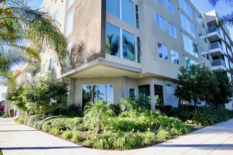 THIS IMAGE SHOWS THAT APARTMENT IN THE PARK AT SIXTH WHICH HAS BEEN FLOWERS, TREES, PATHWAY