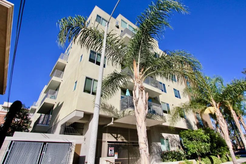 A sunny day in the Park at Sixth with residential building and trees.