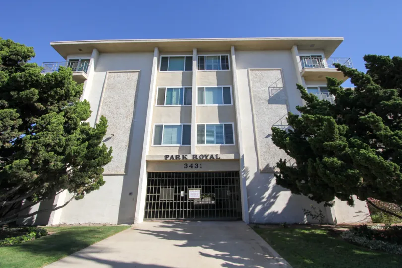 Front view of a four-storey apartment in the Park Royal neighborhood.