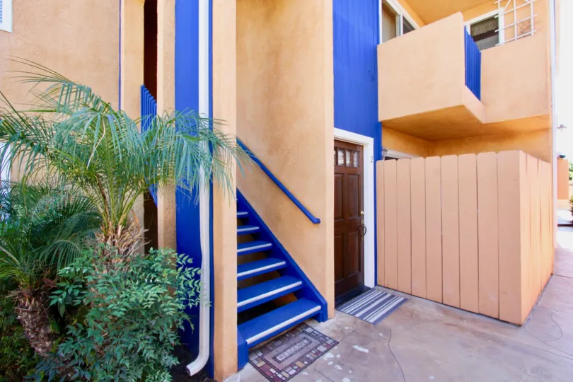 A sunny day in the area of Penn Station, outside, fern, stairs, blue, wooden fence, door