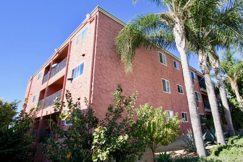 Corner side view with trees of Terrace Village community, Hillcrest, CA