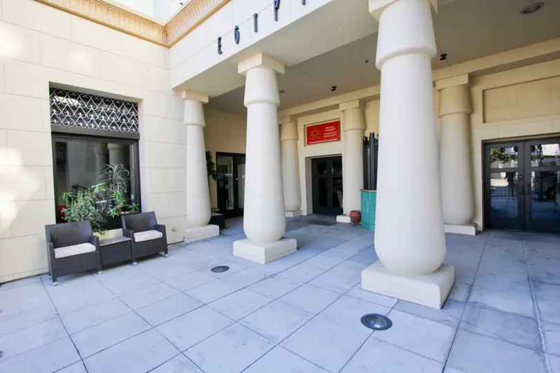 A columned entryway to The Egyptian in Hillcrest, CA