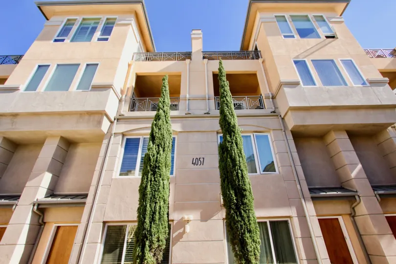 A sunny day in the Wellington Square with residential apartment and trees.