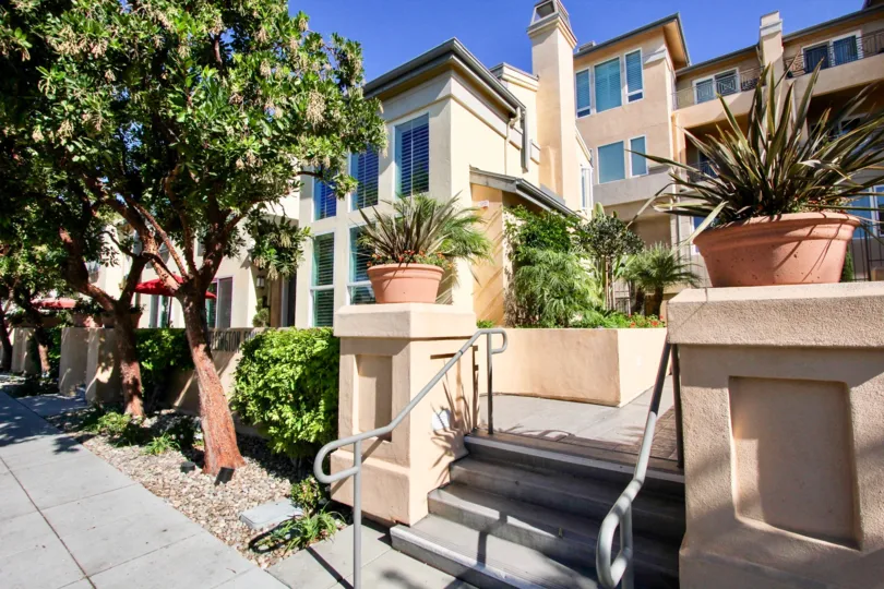 A sunny day in the area of Wellington Square, outside, stairs, tree, potted plant, condo