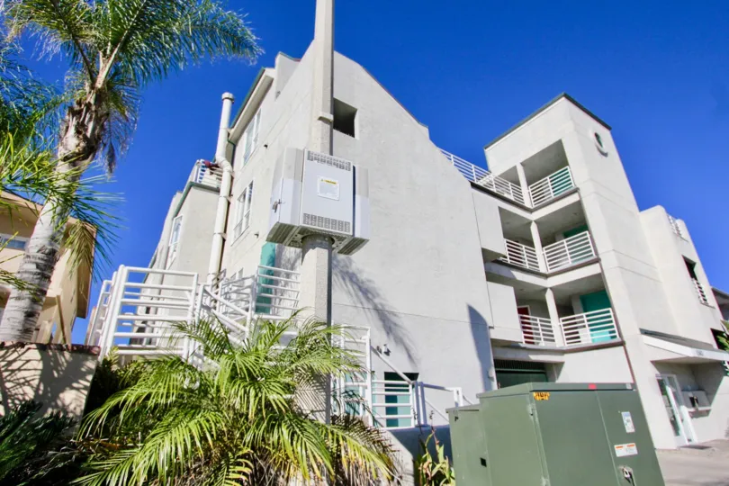 A sunny day in the Sea Ranch Apartments has tall trees and plants