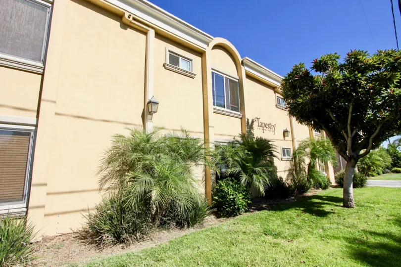 A yellow house with a lawn with some bushes and a tree during a sunny day in Tapestry, Imperial Beach, CA