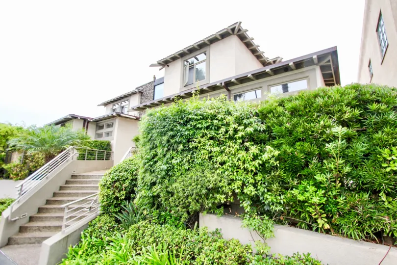 Large green hedges next to steps & housing inside 302 Prospect in La Jolla CA