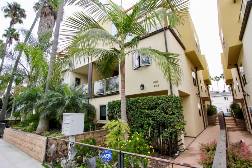 Several condos in Bonair Street Condos with palm trees and sidewalks