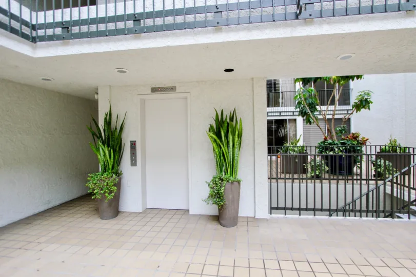Two potted plants near elevator at the Devonshire in La Jolla CA