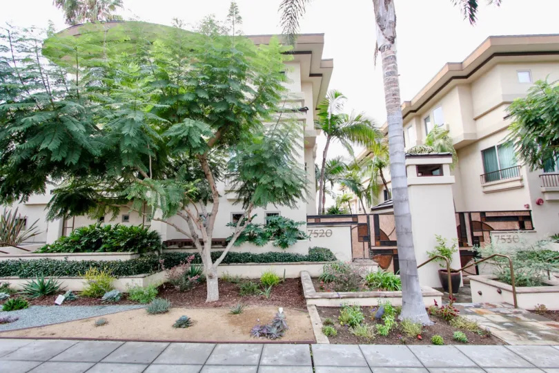 Three story residential units with garden and palms inside Draper Villas in La Jolla CA