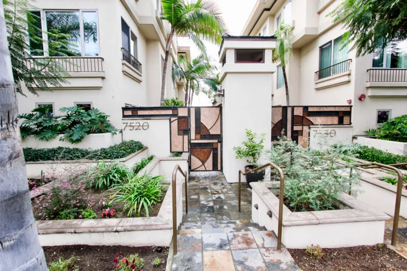 Garden stairway leading to residential units at Draper Villas in La Jolla California