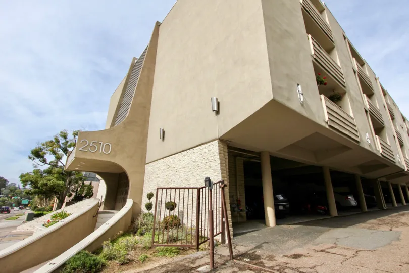 Cool covered carports and accessible entrance to La Jolla Estates, La Jolla, California
