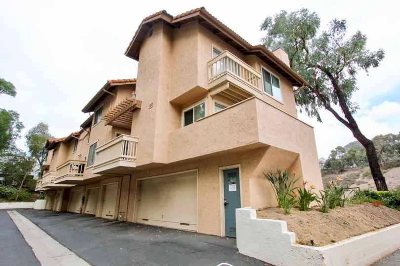 Wide-angle shot of Spanish-style condominiums in La Jolla, California