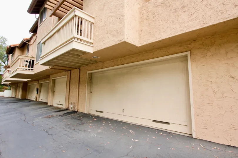 Pink building with large garage doors inside La Jolla Hideaway in La Jolla California
