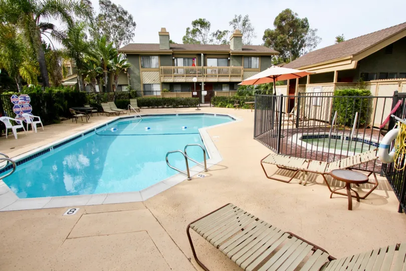 The pool area of the middle class La Jolla Park Villas complex.