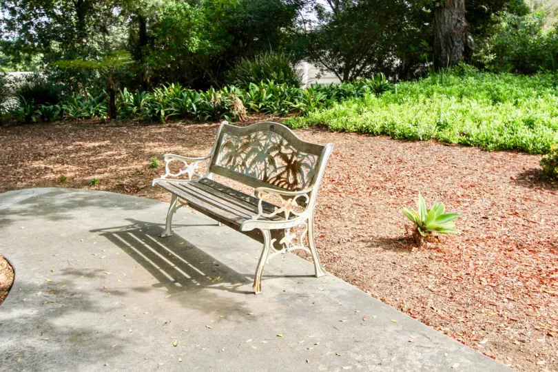 Park with pathway and iron bench of La Jolla Shores Heights.
