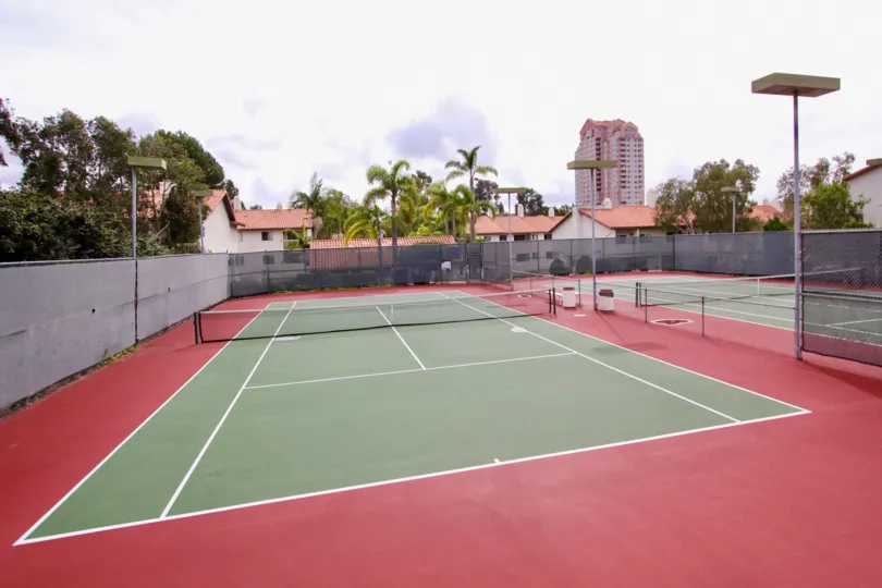 Green and red tennis court inside La Jolla Village Tennis Club in La Jolla CA