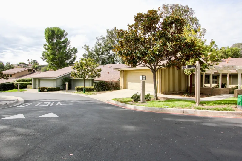 Yellow and green homes in the Mount La Jolla community with landscaping