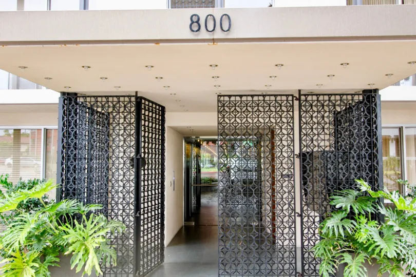 The black iron, gated entryway at a middle class apartment complex in the community of Park Prospect, located in La Jolla, California