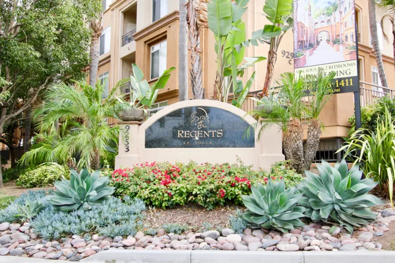 Regents La Jolla Sign and Landscaping in front of Tan Building La Jolla California