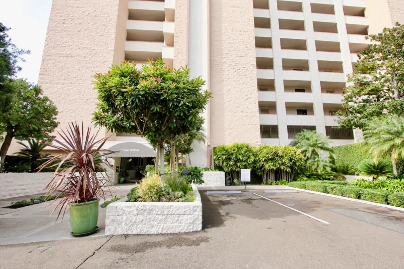 Tall pink condo units inside the Shore Tower in La Jolla California