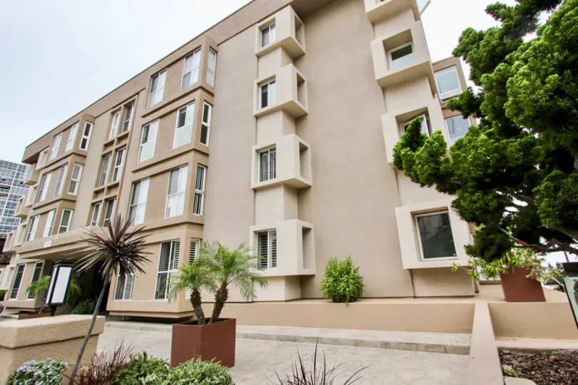 THE APARTMENT IN THE SHOREPOINT WITH THE WINDOWS, TREES, PLANTS, PATHWAY