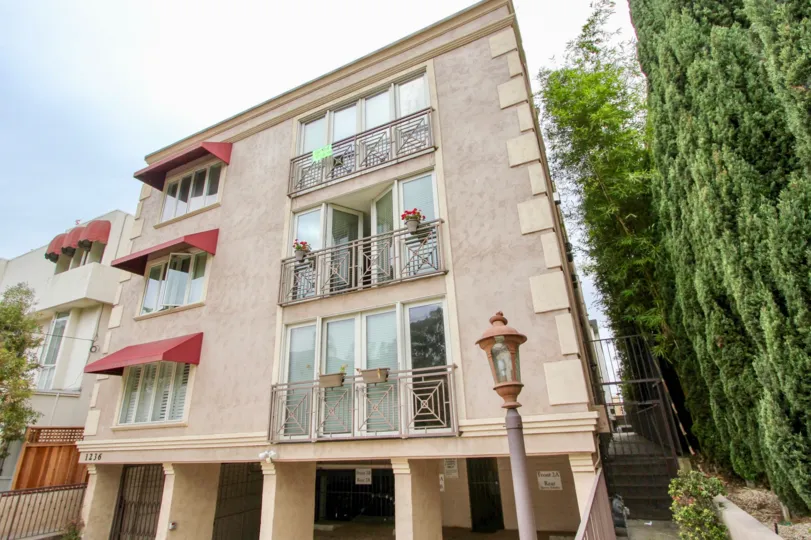 Rear view of apartment building in The Villager in La Jolla, California.