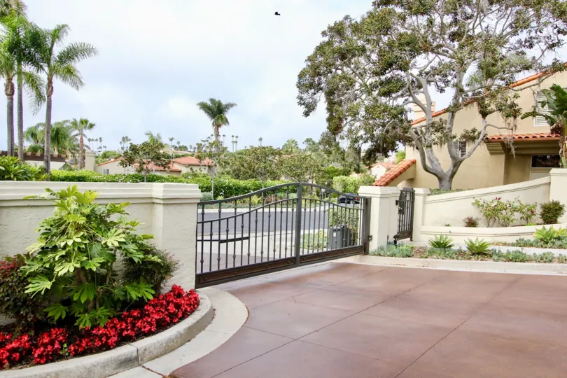 Black gate with red flowers & green leaves at the Ventana in La JOlla CA