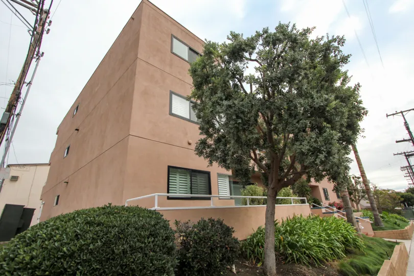 tree story housing units with a tree in front of them inside villa italia in la jolla california