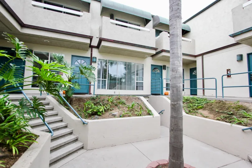 Gray steps leading to residence near plants in Wind N Sea in La Jolla CA