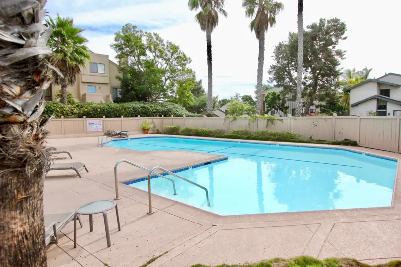 THE HOME IN THE WOODLANDS SOUTH WITH THE SWIMMING POOL, TABLES, TREES, PLANTS
