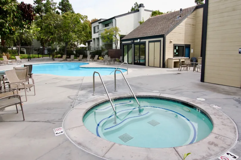 A bright day picture with a pool and jacuzzi in the woodlands community.