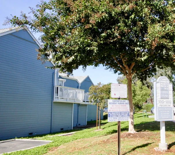 A sunny day with green trees outside the house of Canyon Colony in Mira Mesa city