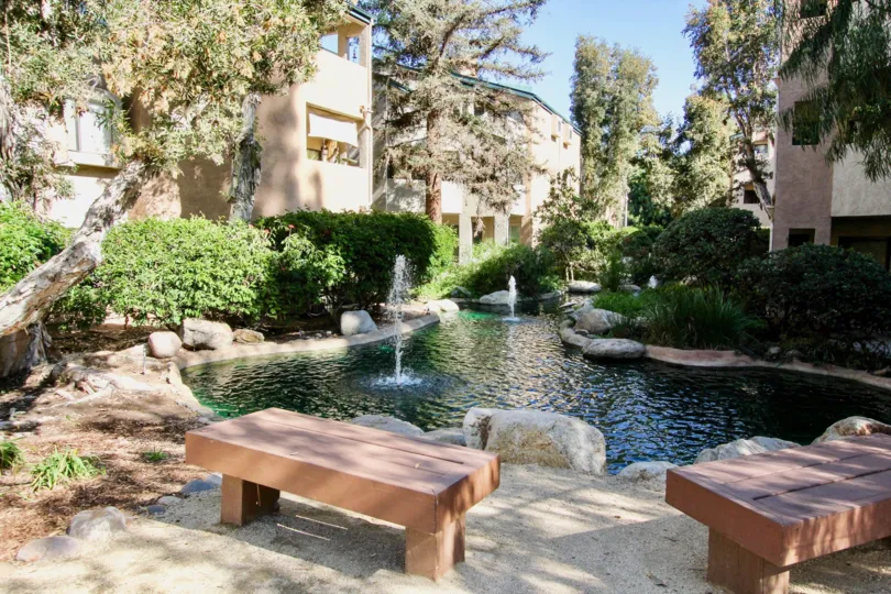 Fountain pond with seating area at Creekside in Mira Mesa California