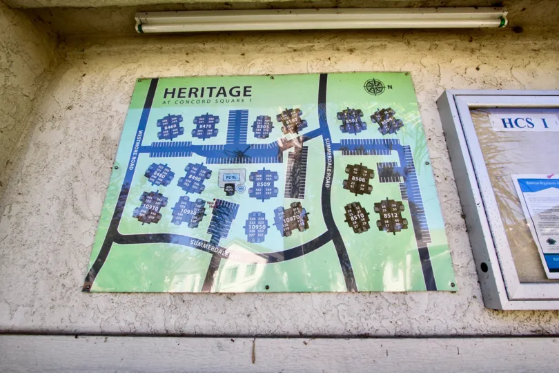 Green map posted on a wall of the Heritage at Concord Square in Mira Mesa California.