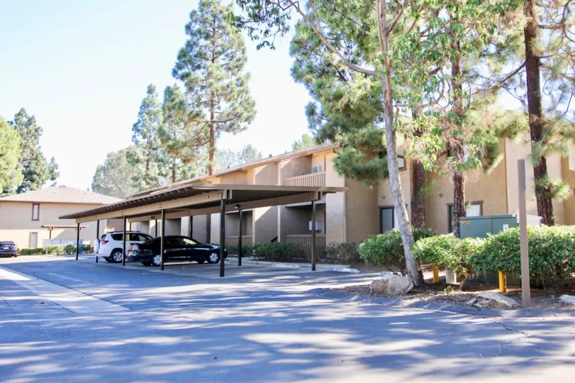 Covered parking near residential units at Quail Creek in Mira Mesa California