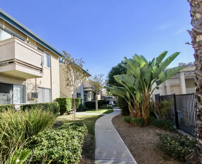 Side view of Villa Mar community side walkway, Mira Mesa, CA