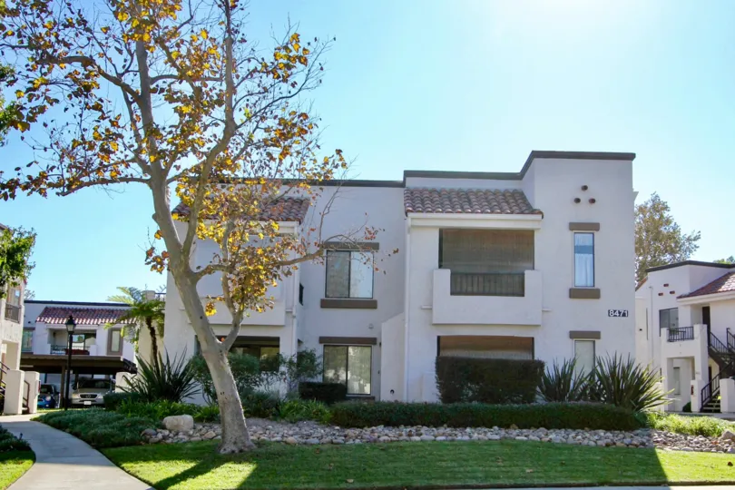 A two-storey contemporary house in the Villas at New Salem community with a large tree in the front yard.