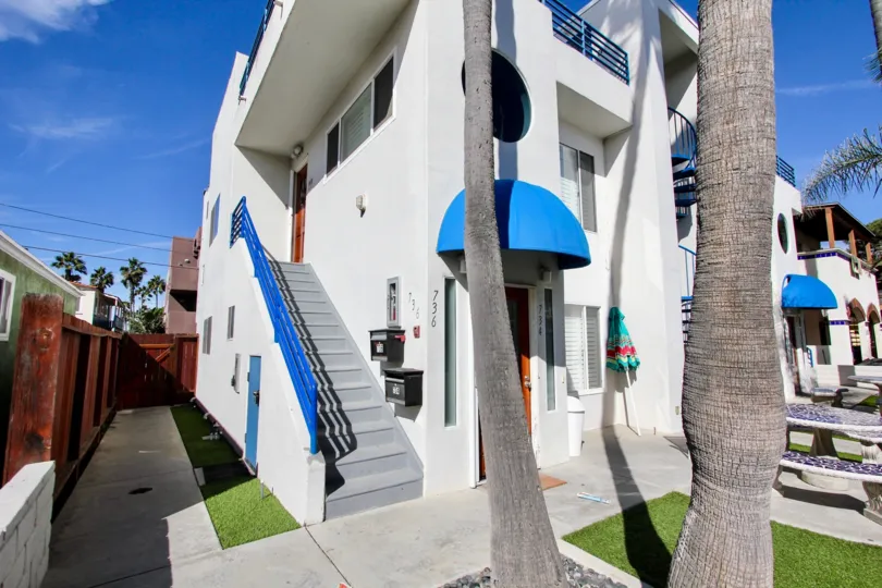 Out front of the side entrance of a townhouse on Ensenada Court in Mission Beach, Ca