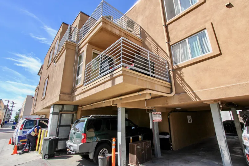 Three story building with gray metal railing at the Bay View Villas in Mission Beach CA