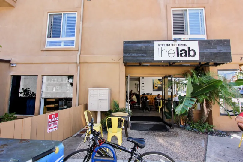 Entryway of "the lab" of Better Buzz Coffee Roasters in Bay View Villas in Mission Beach, California