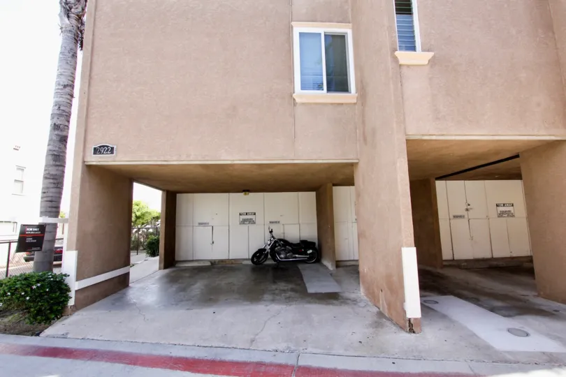 Covered parking area below residence at Bayfront Youngson in Mission Beach, CA
