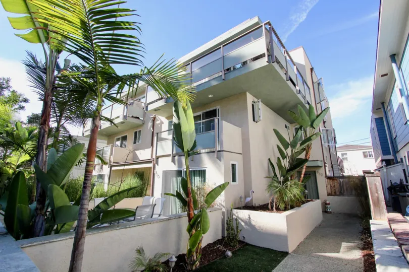 Three story buildings with palm trees inside the Ensenada Court Villas in MIssion Beach CA