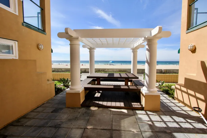 Looking out at the beach from a patio in the Far Horizon Community of Mission Beach, California.