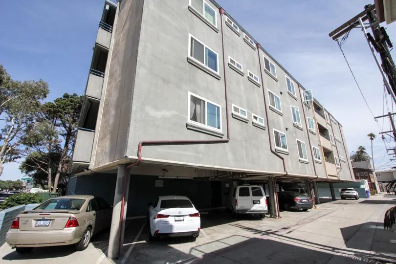 Parking located under the building at Mission Beach Towers.