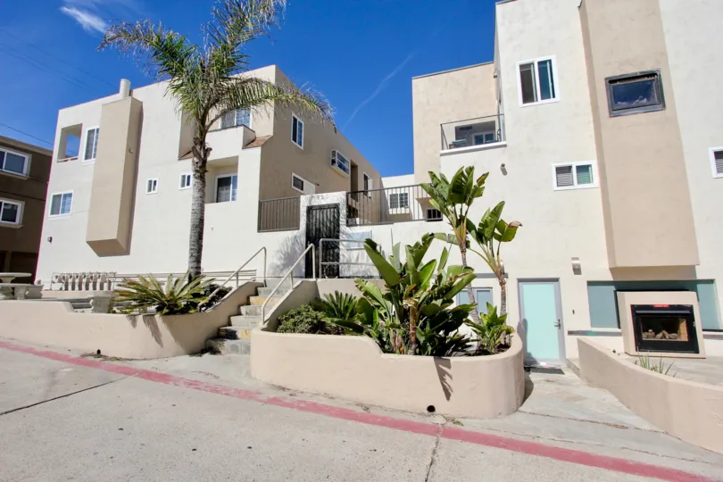 Unique facade with plenty of windows and greenery at Mission Beach Villas in Mission Beach, California.